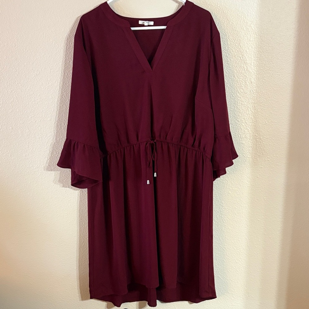 Maurice’s burgundy reinforced v-neck peasant dress with 3/4 flutter sleeves